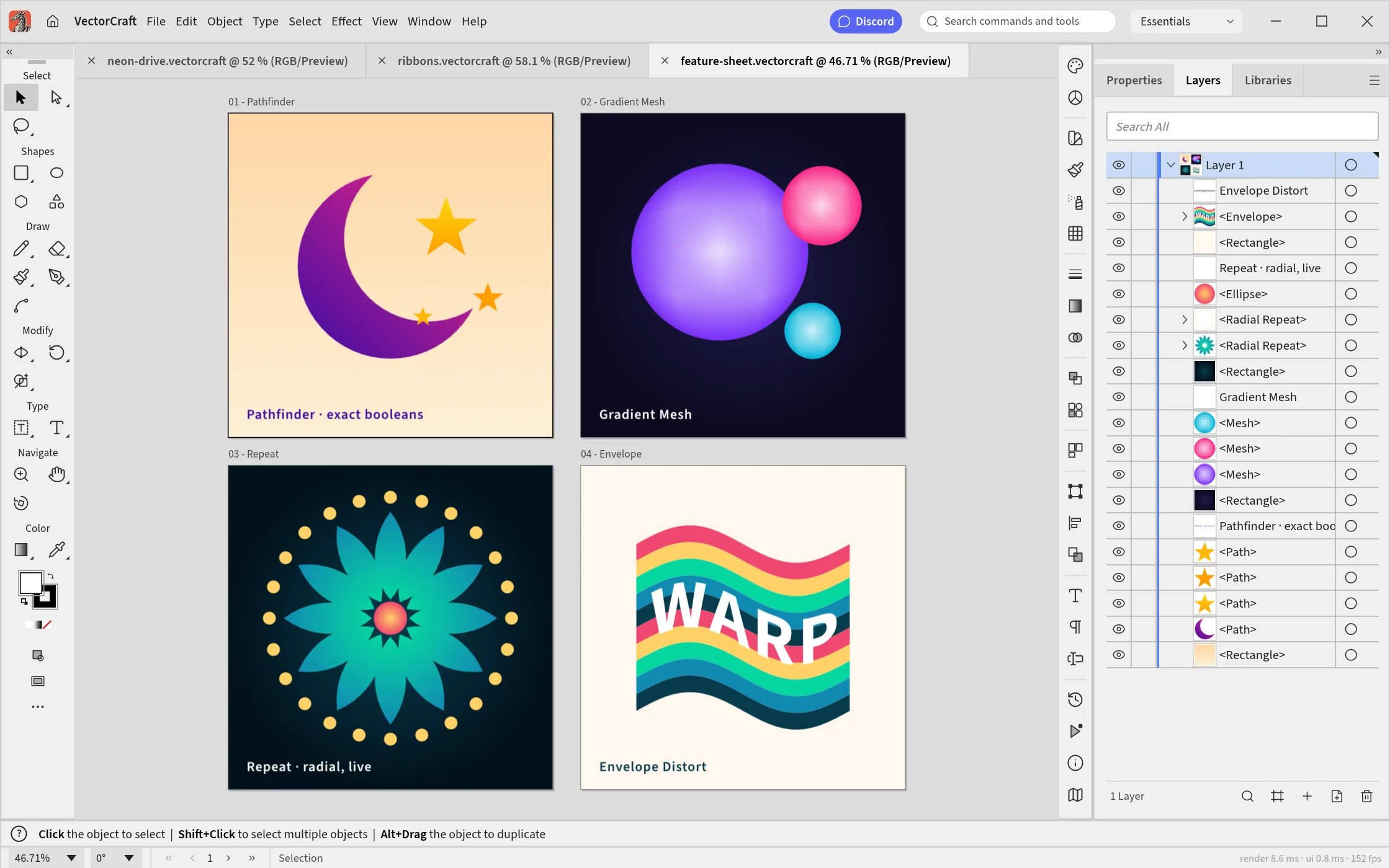 Four artboards in the light UI theme showing Pathfinder, Gradient Mesh, radial Repeat and Envelope Distort